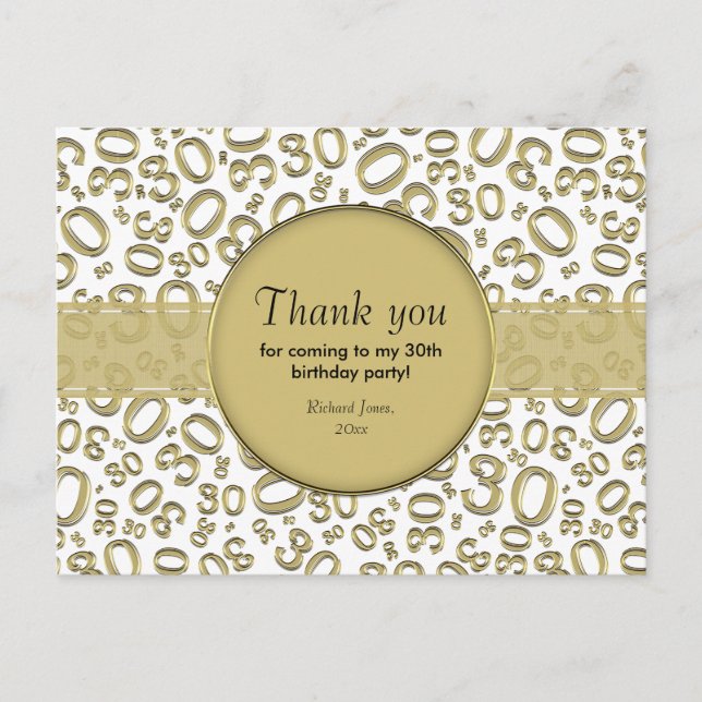 Postal Patrón de Número Aleatorio 30 Gracias Oro/Blanco (Anverso)