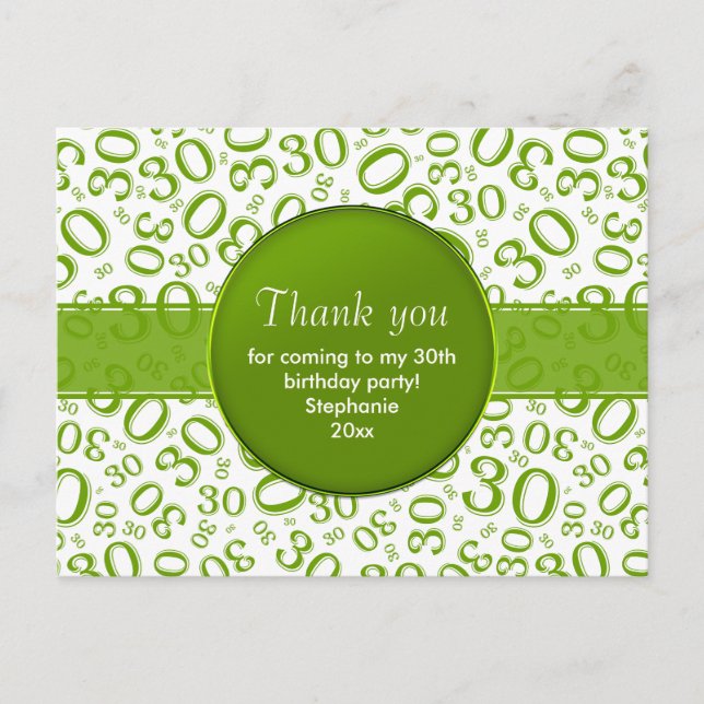 Postal Patrón de Número Aleatorio 30 Gracias Verde/Blanco (Anverso)
