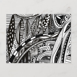 Postal Patrón de paisaje urbano blanco y negro de doodle
