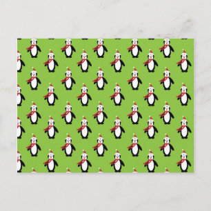 Postal Patrón de pingüino corto sobre fondo verde