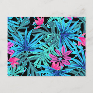 Postal Patrón de planta tropical rosa y azul neón