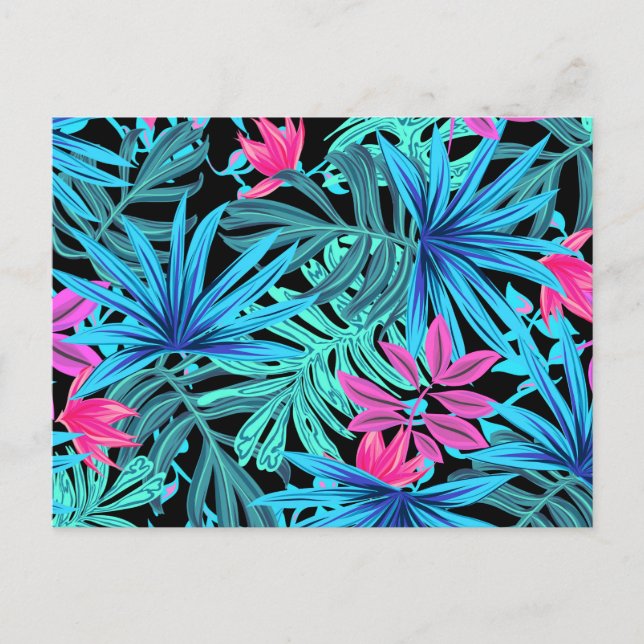 Postal Patrón de planta tropical rosa y azul neón (Anverso)
