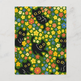 Postal Patrón de prado floral con gatos negros lindos
