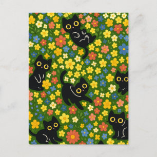 Postal Patrón de prado floral con gatos negros lindos