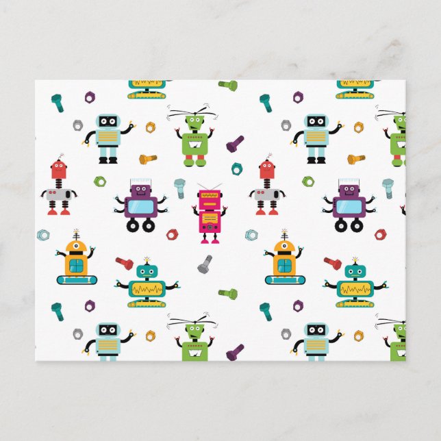Postal Patrón de robot de niños con robots multicolores (Anverso)