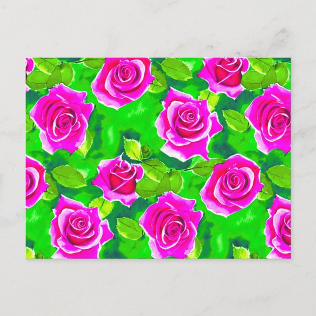 Postal Patrón de rosa acuarela rosa fucsia (Anverso)
