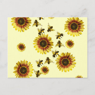 Postal Patrón de verano de girasoles amarillos y abejas m