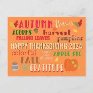 Postal Patrón de WordArt de otoño Feliz Día de Acción de