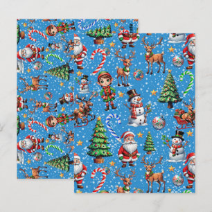 Postal Patrón decorativo de Navidad con fondo azul