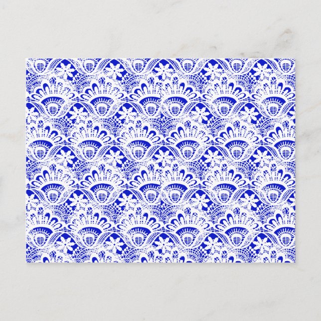 Postal Patrón elegante de Damasco de encaje blanco azul r (Anverso)