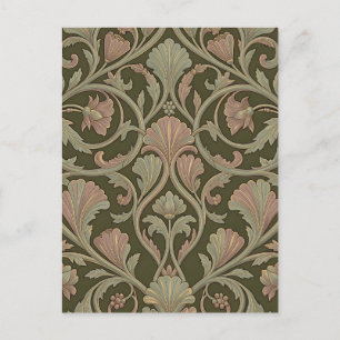 Postal Patrón floral Art Nouveau verde oscuro y rosa vint