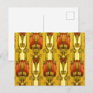 Postal Patrón floral Art Nouveau vintage de tulipanes roj