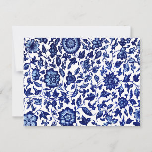 Postal Patrón floral azul marino oscuro chino sobre blanc