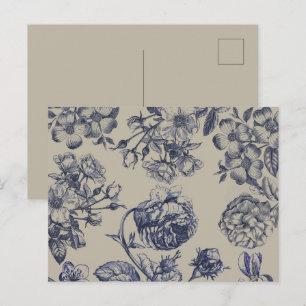 Postal Patrón Floral Botánico Toile Azul Vintage