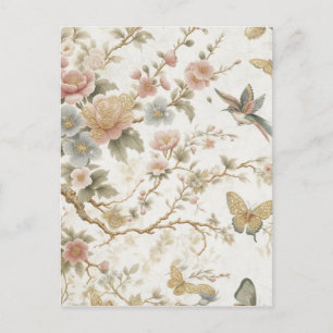 Postal Patrón floral chino vintage con colibrí