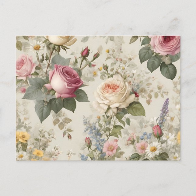 Postal Patrón floral con Rosas y flores silvestres rustic (Anverso)