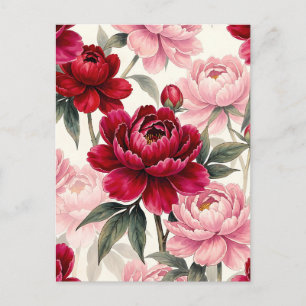 Postal Patrón Floral de Acuarela de Peonía Roja Intensa y