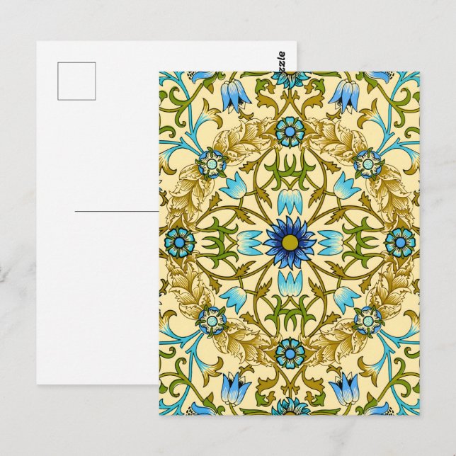 Postal Patrón Floral de Flor de Daisy Azul de William Mor (Anverso / Reverso)