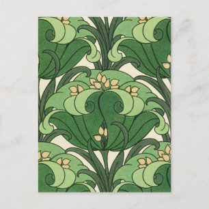 Postal Patrón floral de loto Art Nouveau en verde salvia