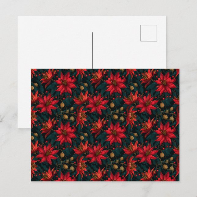 Postal Patrón Floral de Navidad Rojo Oscuro (Anverso / Reverso)