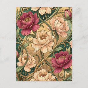 Postal Patrón floral de peonía magenta con remolinos dora