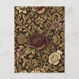 Postal Patrón floral de rosa dorada de Borgoña de lujo
