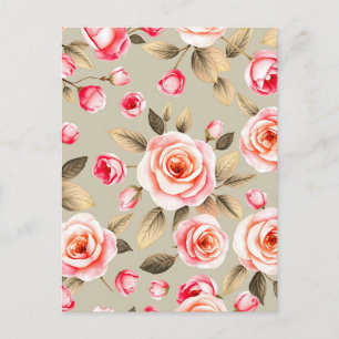 Postal Patrón floral de rosa rosa romántica
