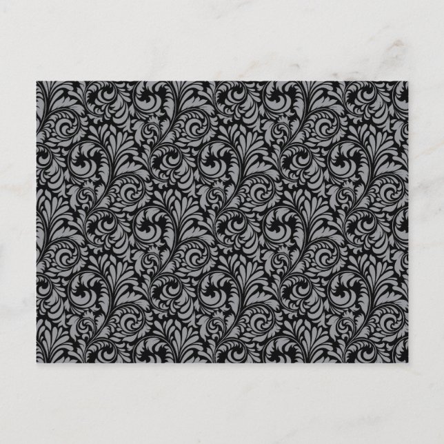 Postal Patrón floral elegante de Damasco negro y plateado (Anverso)