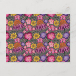 Postal Patrón floral gris de flores silvestres