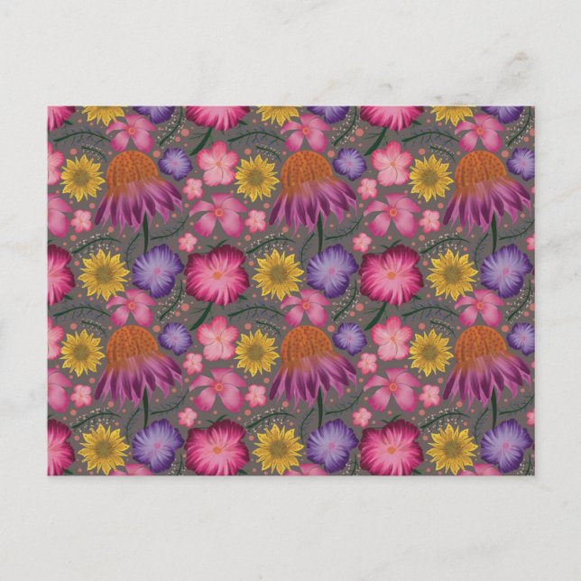 Postal Patrón floral gris de flores silvestres (Anverso)