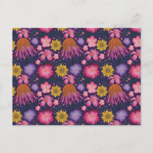 Postal Patrón floral morado de flores silvestres