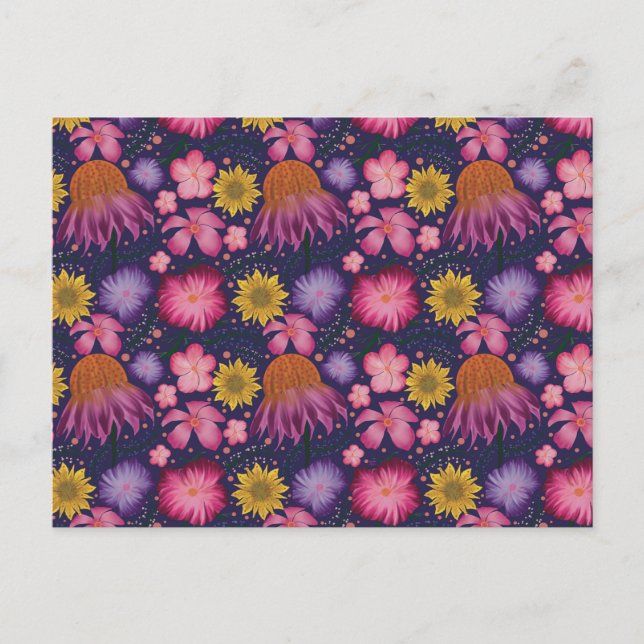 Postal Patrón floral morado de flores silvestres (Anverso)
