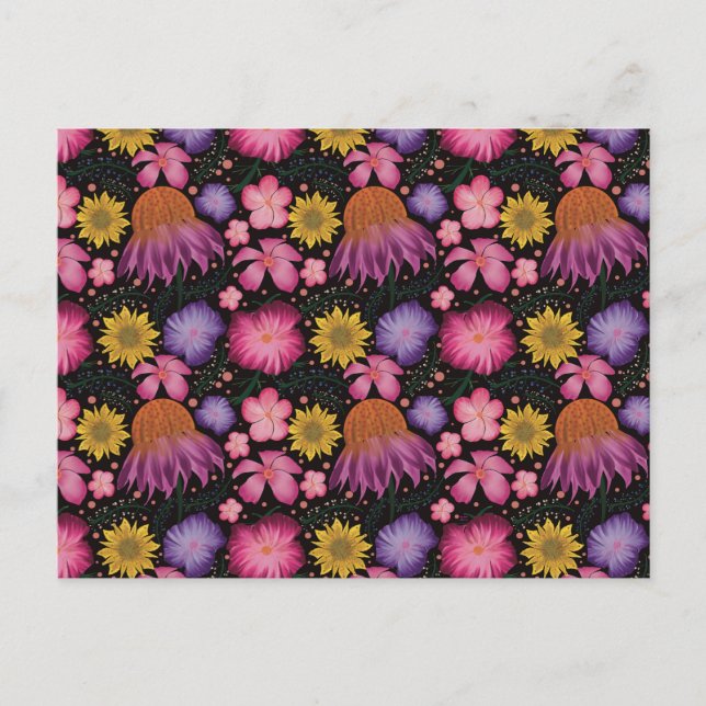 Postal Patrón floral negro de flores silvestres (Anverso)