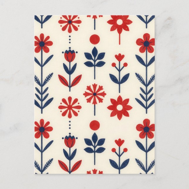 Postal Patrón floral popular rojo y marino (Anverso)