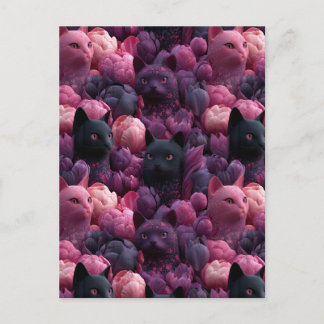 Postal Patrón floral surrealista de gato negro y peonía r