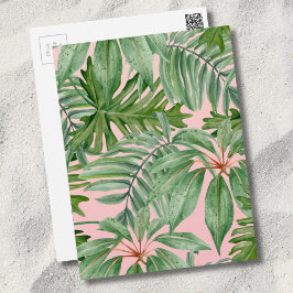 Postal Patrón floral tropical rosa y hoja de palma