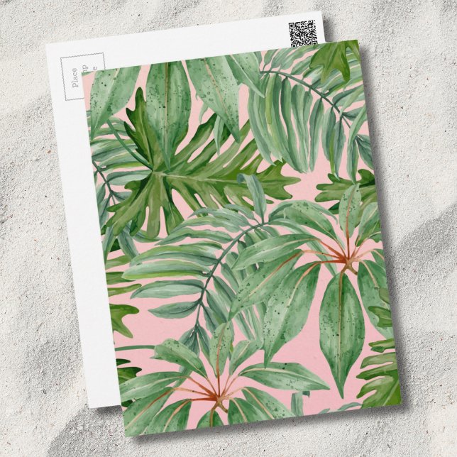 Postal Patrón floral tropical rosa y hoja de palma (Pink Palm Leaf Floral Pattern Tropical Postcard)