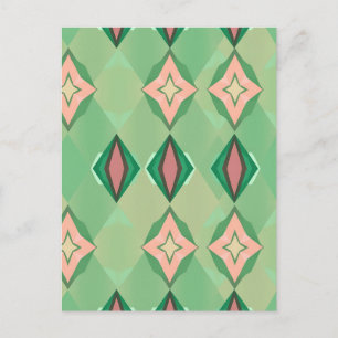 Postal Patrón geométrico retro verde rosa diamante estrel