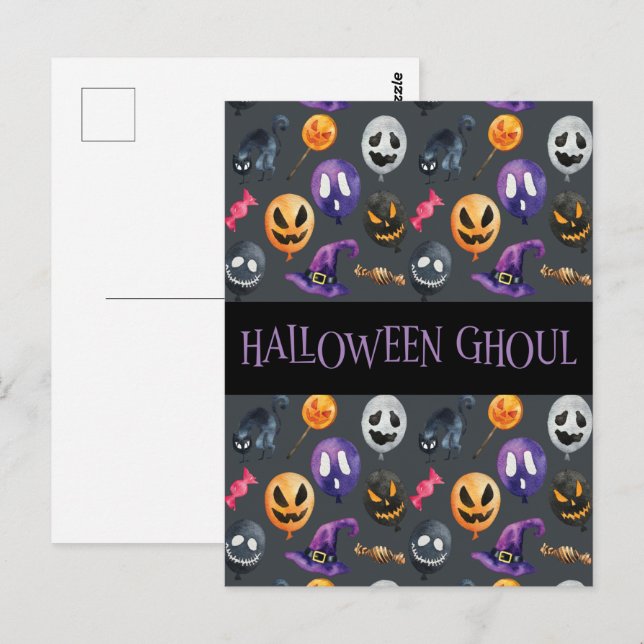 Postal Patrón Gris Halloween de "Halloween Ghoul" (Anverso / Reverso)