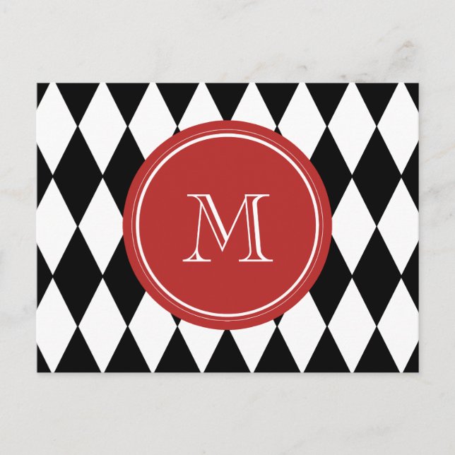Postal Patrón Harlequin Blanco Negro, Monograma Rojo (Anverso)