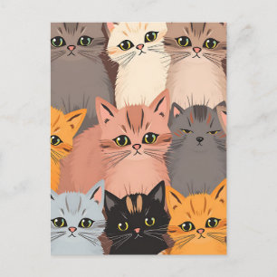 Postal Patrón Ilustrado de Caritas de Gatos Adorables