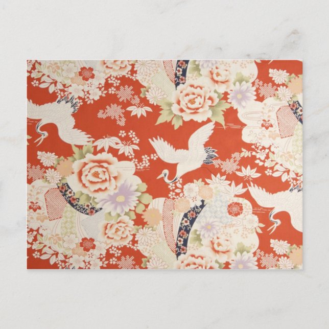 Postal Patrón japonés de grúa de kimono rojo Sakura Flore (Anverso)