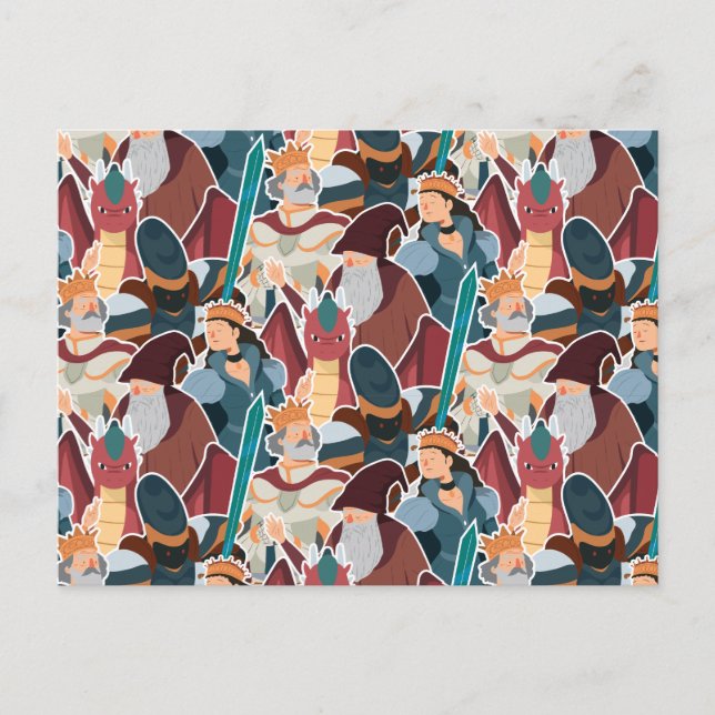Postal Patrón medieval Caballeros y Dragones Cuidados Ver (Anverso)