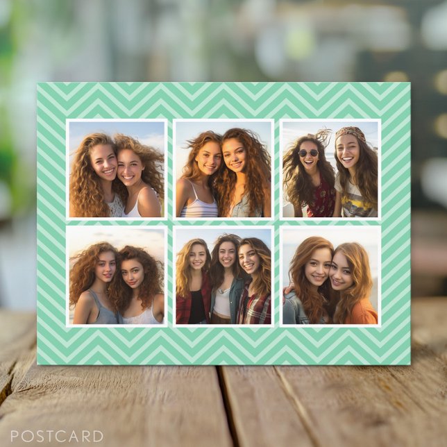 Postal Patrón Mint Chevron con Collage de fotos Trendy 6 (Custom Personalized Photo Collage Postcard)
