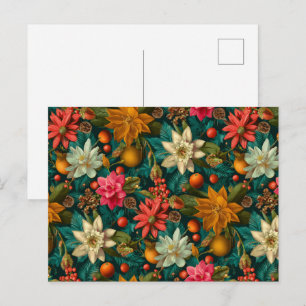 Postal Patrón Navideño Floral de Invierno y Cítrico Festi
