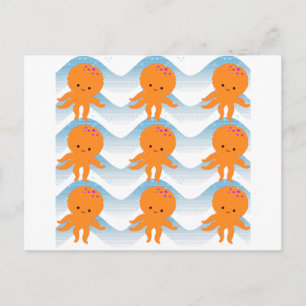Postal Patrón Octopus Y Ondas Azules naranjas