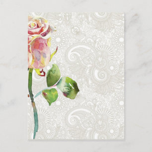 Postal Patrón Ornate Floral Con Rosa De Acuarela Rosa