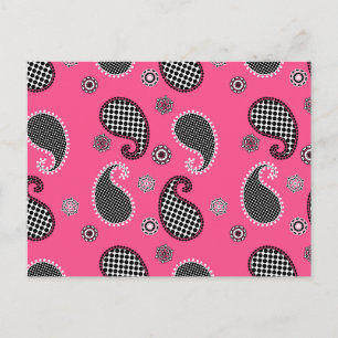 Postal Patrón paisley, fucsia rosa, negro y blanco