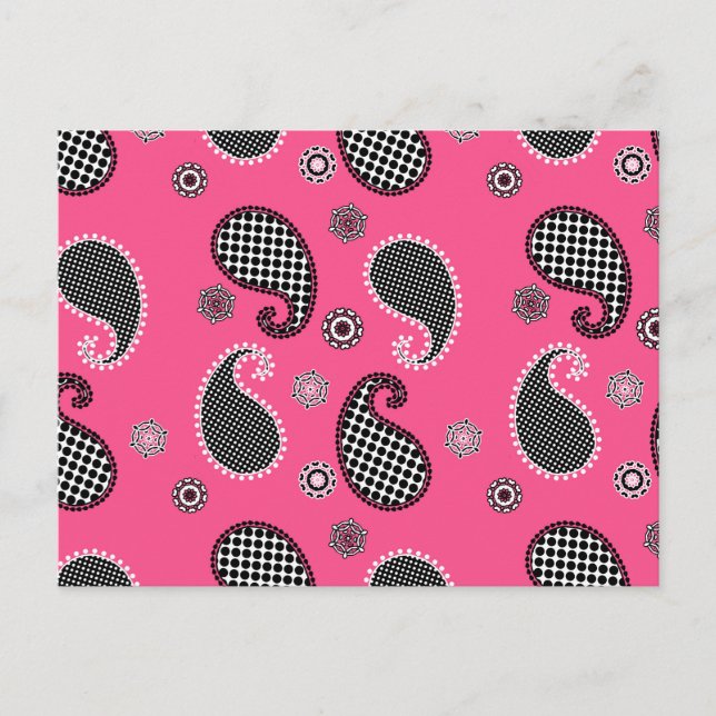 Postal Patrón paisley, fucsia rosa, negro y blanco (Anverso)