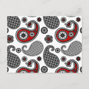 Postal Patrón paisley, negro, blanco y rojo